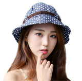 Womens Cotton Polka Dot Rippled Sun UV Protection Folding Bucket Hat Floppy Beach Cap