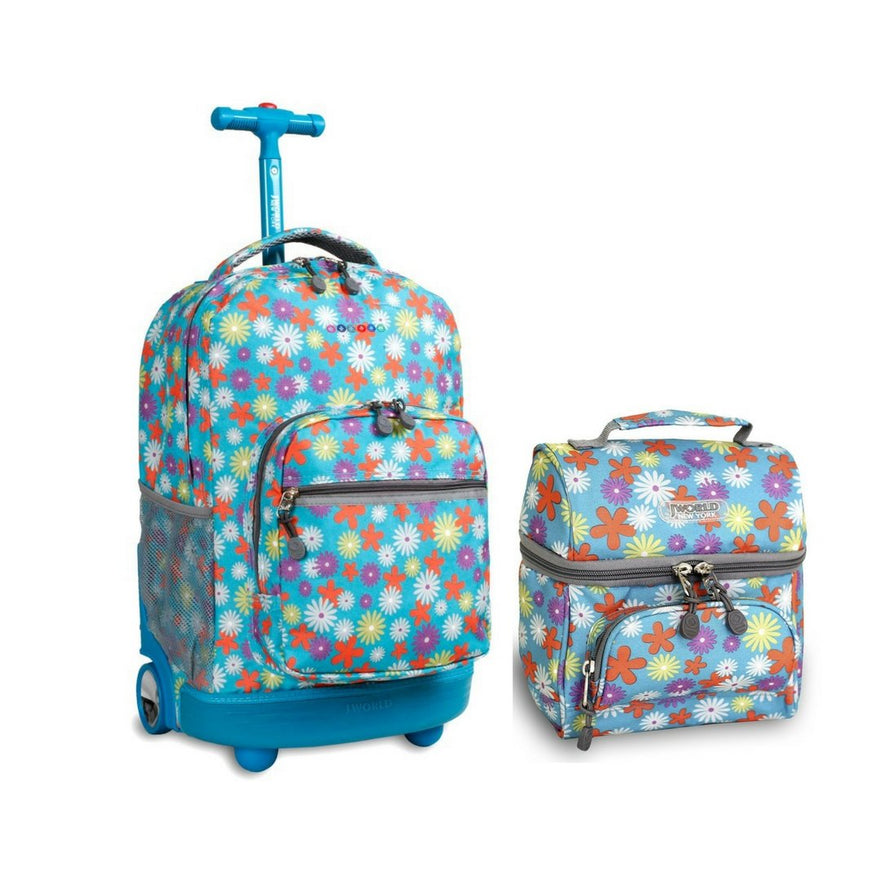 J World Combo Rolling Backpack & Lunch Bag Back to School Bundle Set Sunrise / Corey (Spring)