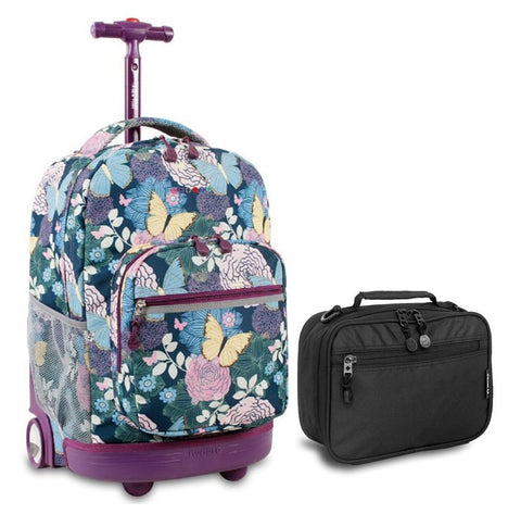 J World Secret Garden Sunrise Roller Backpack Back Pack and Black Cody Lunch Bag Bundle Set