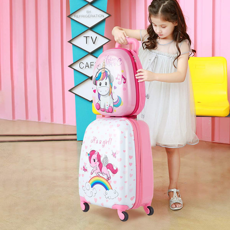BABY JOY 2 Pieces Kids Luggage Set, 16” Toddlers Carry-on Suitcase & 12”  Backpack Set, Children Travelling Case w/ 4 Casters & Retractable Handle