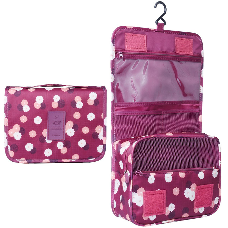 Heavy Duty Waterproof Hanging Toiletry Bag - Travel Cosmetic Makeup Organizer Bag for Women Girls Children Multifunction Travel Kit (Wine Red Daisy)