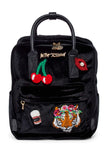 Betsey Johnson Beaded Bejeweled Faux Pearl Patch Applique Embellished Black Velvet Backpack