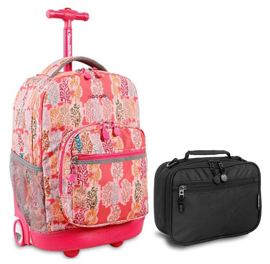 J World Pink Forest Sunrise Roller Backpack Back Pack and Black Cody Lunch Bag Bundle Set