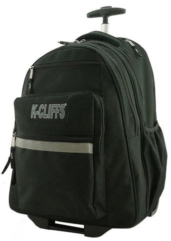 K-Cliffs Heavy Duty Rolling Backpack School Backpacks with Wheels Deluxe Trolley Book Bag Wheeled Daypack Workbag Multiple Pockets Bookbag with Safety Reflective Stripe Black