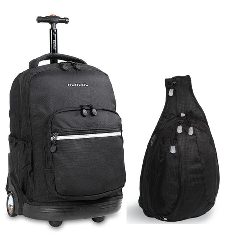 J World New York Sunrise Rolling Backpack & Stacy Backpack Set (Black & Black)