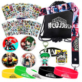 My Hero Academia Bag Gift Set - 1 MHA Drawstring Bag Backpak, 12 Sheet Stickers, 1 Lanyard, 1 Mouth Mask, 1 Keychain, 1 Phone Ring Holder, 5 Bracelets, 4 Button Pins for Anime MHA Fans (Black)