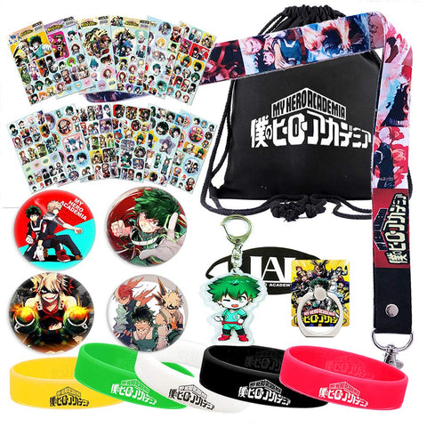 My Hero Academia Bag Gift Set - 1 MHA Drawstring Bag Backpak, 12 Sheet Stickers, 1 Lanyard, 1 Mouth Mask, 1 Keychain, 1 Phone Ring Holder, 5 Bracelets, 4 Button Pins for Anime MHA Fans (Black)