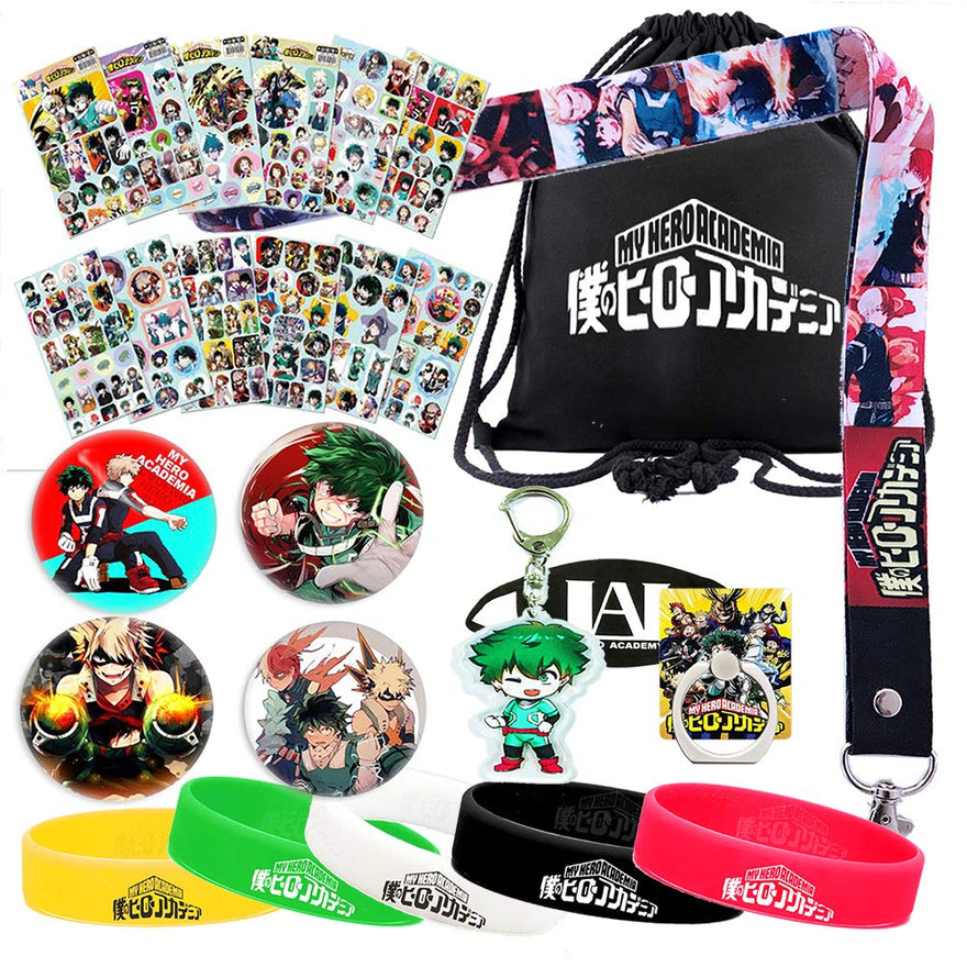 My Hero Academia Bag Gift Set - 1 MHA Drawstring Bag Backpak, 12 Sheet Stickers, 1 Lanyard, 1 Mouth Mask, 1 Keychain, 1 Phone Ring Holder, 5 Bracelets, 4 Button Pins for Anime MHA Fans (Black)
