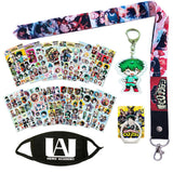 My Hero Academia Bag Gift Set - 1 MHA Drawstring Bag Backpak, 12 Sheet Stickers, 1 Lanyard, 1 Mouth Mask, 1 Keychain, 1 Phone Ring Holder, 5 Bracelets, 4 Button Pins for Anime MHA Fans (Black)