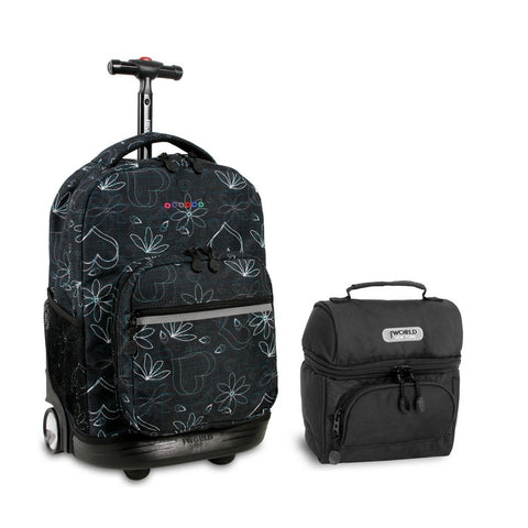 J World Combo Rolling Backpack & Lunch Bag Back to School Bundle Set Sunrise / Corey (Love Black and Black)
