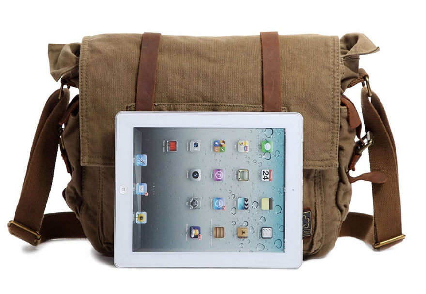 Berchirly Vintage Military Canvas Messenger Bag - Fits 13.3-17" Laptop, Light Coffee Color