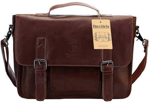 Men Briefcase Tote, Berchirly Vintage PU Leather Laptop Shoulder Messenger Bag for 14inch laptop