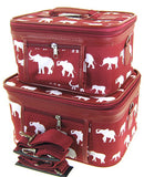 Elephant Print 2 Piece Train Case Cosmetic Set Travel Toiletry Luggage (Burgundy Red)