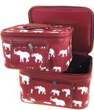 Elephant Print 2 Piece Train Case Cosmetic Set Travel Toiletry Luggage (Burgundy Red)