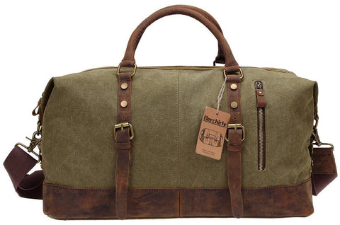 Duffel Bag, Berchirly 21" Large Canvas Leather Travel Sports Gym Bag Toiletry Bag Shoulder Carryon Luggage for Men Women - Army Green