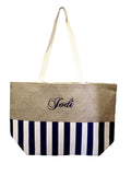 Large Zipper Top Stripe Print Canvas Beach Bag Tote - 22"x14"x7" (Personalized Black)