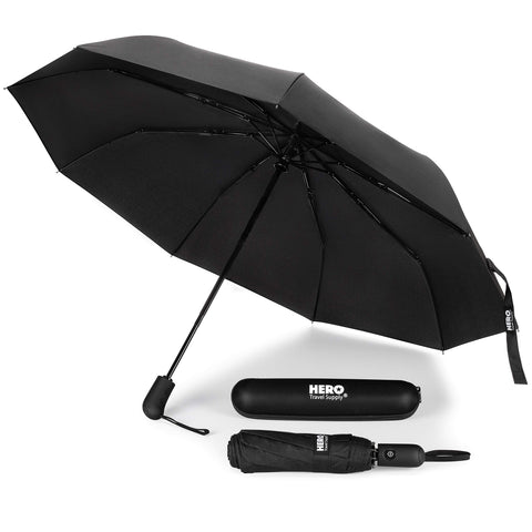 HERO Travel Umbrella - Windproof, Compact and Portable - Includes Ebook on How to Make the Most of Your Rainy Travels by Asher & Lyric
