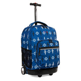 J World New York Sunrise 18-inch Rolling Backpack - Totem Blue Designer Print Polyester Adjustable Strap Lined Water Resistant