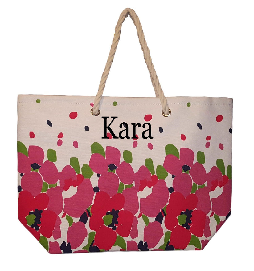 Floral Design Beach Bag by Karen Keith - Personalization Available (Embroidered Name - Pink)