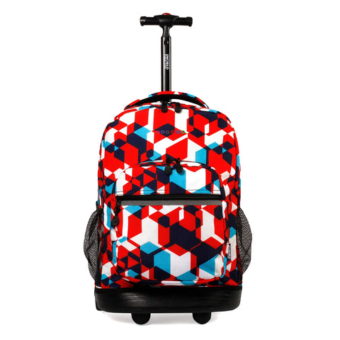 J World New York Sunrise 18-inch Rolling Backpack - Red Cubes Designer Print Polyester