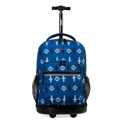 J World New York Sunrise 18-inch Rolling Backpack - Totem Blue Designer Print Polyester Adjustable Strap Lined Water Resistant