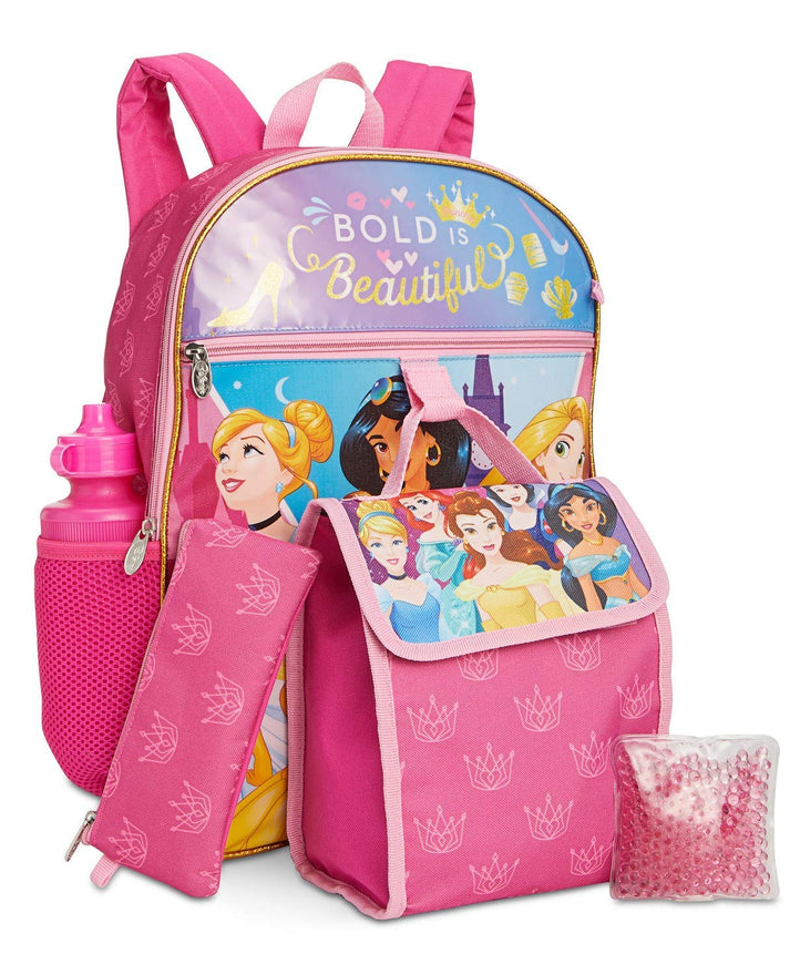 Disney Princess 16" Backpack And Lunch Box 5 Piece Kit Pencil Case Water Bottle Set