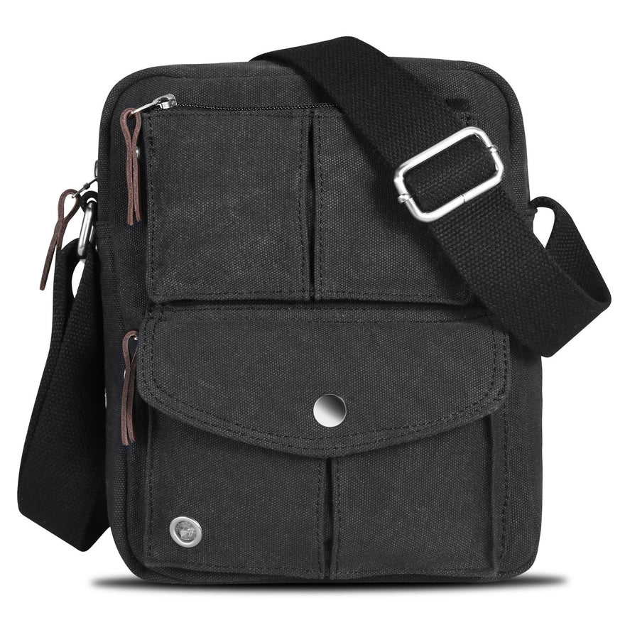 Catmacas Small Vintage Durable Multi-pocket Canvas Shoulder Ipad Messenger Bag Satchel Crossbody Sling Bag Fanny Bag for Men and Women Black