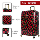Betsey Johnson Designer Luggage Collection - Expandable 3 Piece Hardside Lightweight Spinner Suitcase Set - Travel Set includes 20-Inch Carry On, 26 inch and 30-Inch Checked Suitcase (Covered Roses)