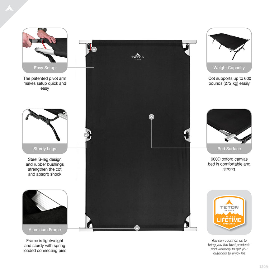 TETON Sports Outfitter XXL Camping Cot with Patented Pivot Arm; Folding Cot Great for Car Camping