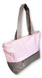 XL Beach Tote Chevron Print Weekender Bag with Mesh Webbed Handles and Outer Zippered PocketCan Be Personalized (Personalized, Pastel Pink)
