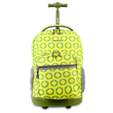 J World New York Sunrise 18-inch Rolling Backpack - Lime Logo Purple Two-Tone Polyester Adjustable Strap Lined Water Resistant