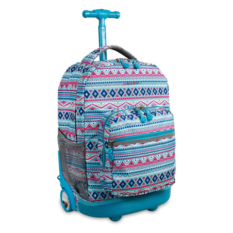 J World New York Sunrise 18-inch Rolling Backpack - Mint Tribal Blue Designer Print Polyester Adjustable Strap Lined Water Resistant
