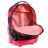 J World New York Sunrise 18-inch Rolling Backpack - Block Pink Black Plaid Polyester Adjustable Strap Lined Water Resistant