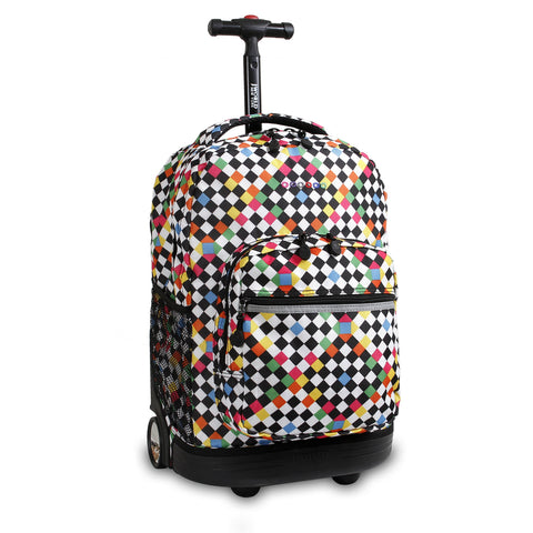 J World New York Sunrise 18-inch Rolling Backpack - Checkers Black Checkered Polyester Adjustable Strap Lined Water Resistant