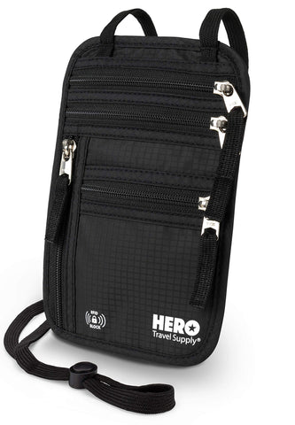 HERO Neck Wallet - RFID Blocking Passport Holder - Easy to Conceal Travel Pouch - Includes Ebook on How to Avoid Pickpockets by Asher & Lyric