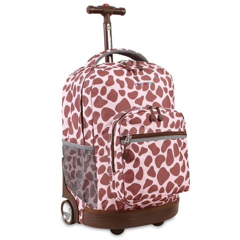 J World New York Sunrise 18-inch Rolling Backpack - Pink Zulu Designer Print Polyester Checkpoint-Friendly Adjustable Strap Lined Water Resistant