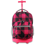 J World New York Sunrise 18-inch Rolling Backpack - Block Pink Black Plaid Polyester Adjustable Strap Lined Water Resistant