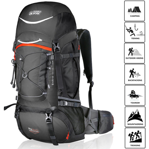 TERRA PEAK Adjustable Hiking Backpack for Men Women Graphite/Orange 65L+20L