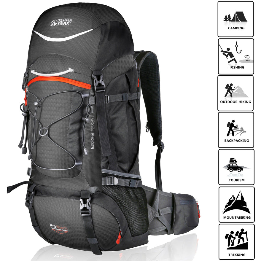 TERRA PEAK Adjustable Hiking Backpack for Men Women Graphite/Orange 65L+20L