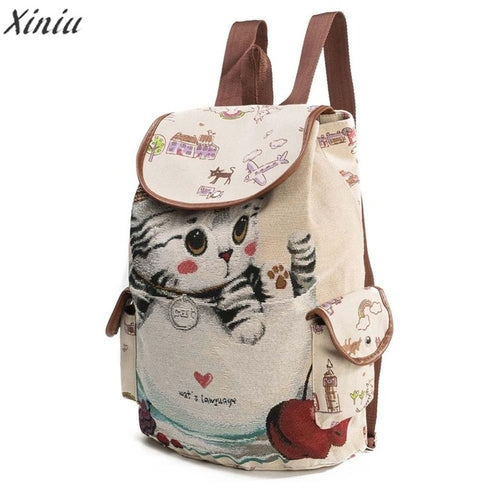 Backpack Women Cute Cat Printing Canvas