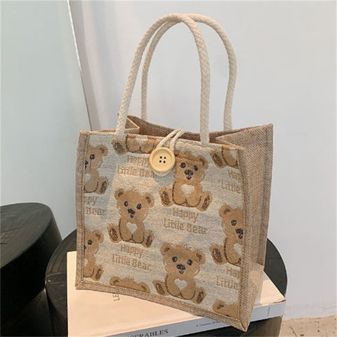 Little bear linen handbag women's outing hand bag net red ins Japanese small shoulder bag student shoulder bag trend