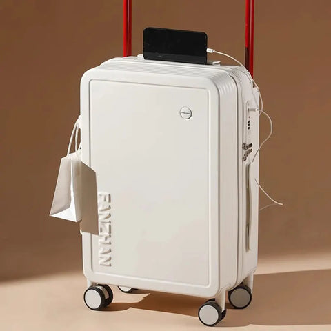 2023 Student Wide Trolley Suitcase External USB Charging Port Foldable Cup Holder Side Hook Boarding Combination Lock Suitcase