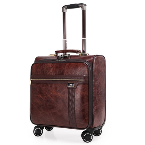 16 Inch Coffee Leather Trolley Luggage Case Men'S Business Suitcase With Wheels Travel Bag Mala