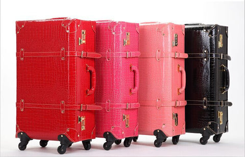Vintage Travel Bag Trolley Luggage Universal Wheels Female Red Leather Case Married The Box