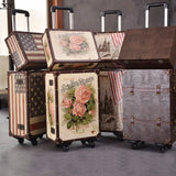 Wenjie Brother 2Pcs/Set 14Inch Cosmetic Bag Plus 20Inches Resto Pu Leather Roses Couple Trolley