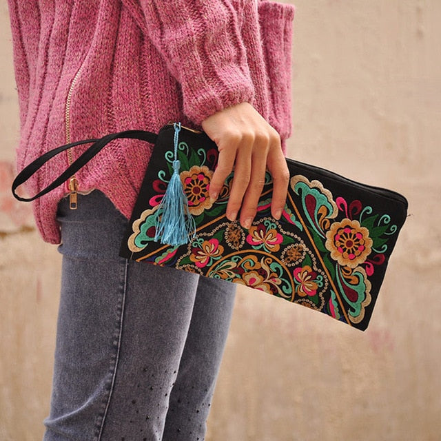 Women Bag Handbags Summer Cotton Clutch Embroidered Purse Phone Coin Tassel Small Floral Female