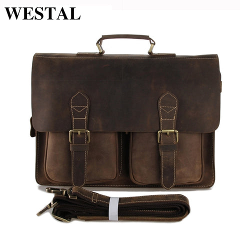 Westal Crazy Horse Genuine Leather Men Bags Briefcases Handbag Shoulder Crossbody Bag Men Messenger