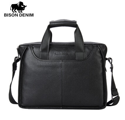 Bison Denim Genuine Leather Guarantee Briefcase Men Bag 14 Inch Laptop Soft Cowhide Messenger Bag