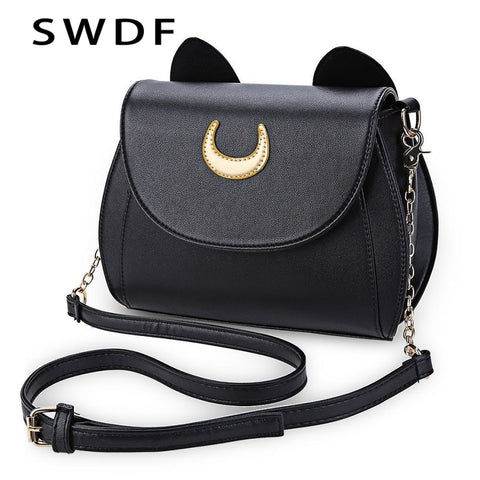 Swdf Summer Sailor Moon Ladies Handbag Black Luna Cat Shape Chain Shoulder Bag Pu Leather Women