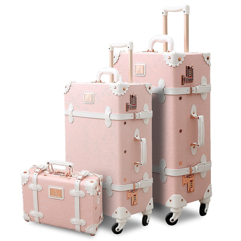 3Pcs/Set Spinner Wheels Vintage Pink Pu Leather Embossed Suitcase Women Trunk Vintage Luggages